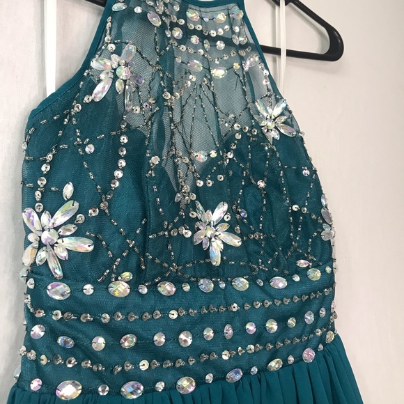 Charming Jeweled Cocktail Halter Dress -Teal - Picture 5 of 6